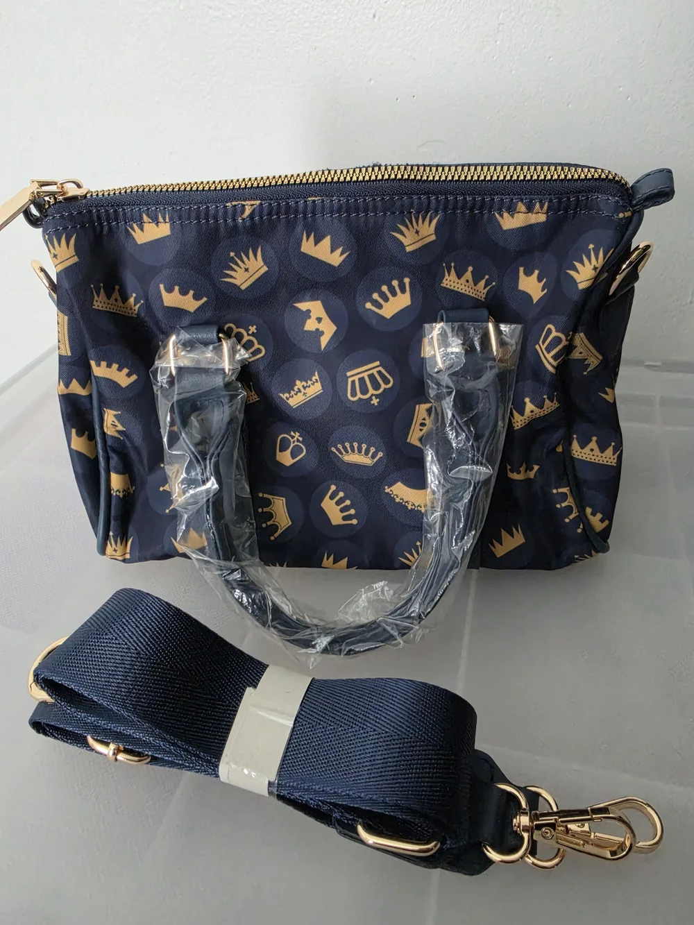 NWOT Navy Crown Print Satchel Bag with Detachable Strap
